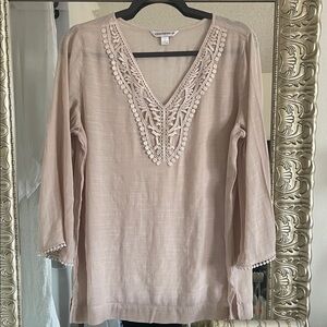 COUNTERPARTS Women's Blush Beige Blouse with Crochet Trim Large
